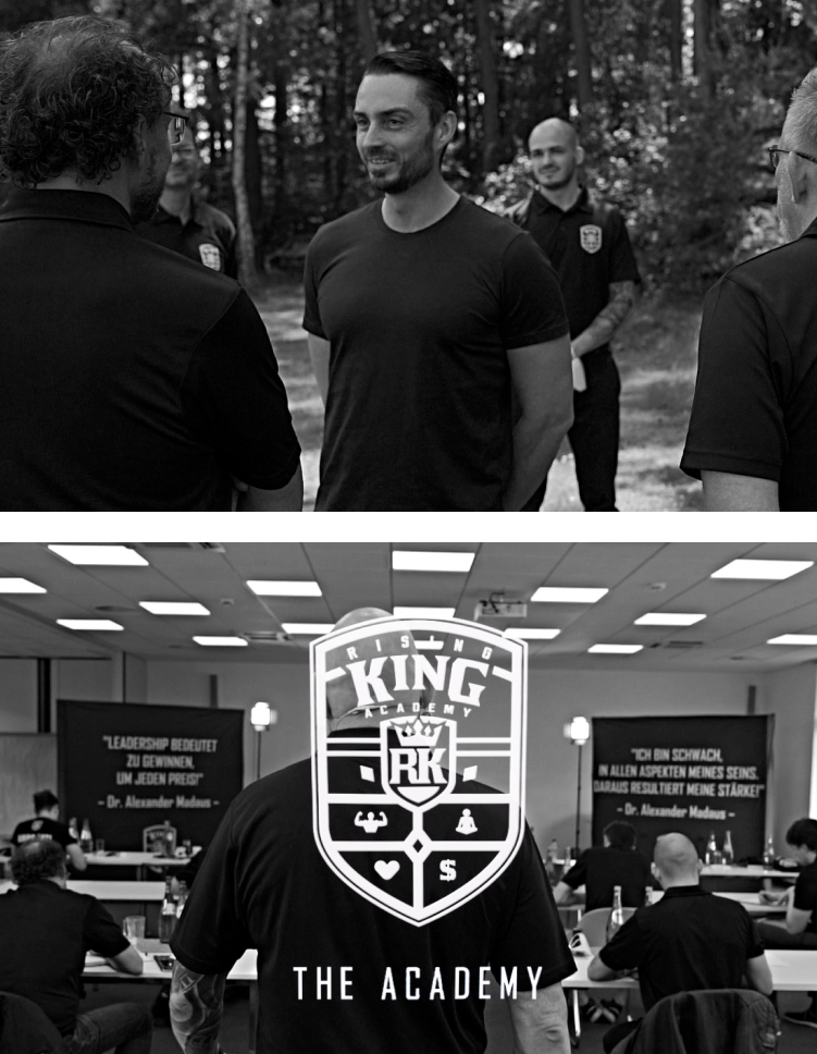 Zwei Fotos mit Teilnehmern des Unternehmer-Workshop und weißem Logo der Rising King Academy